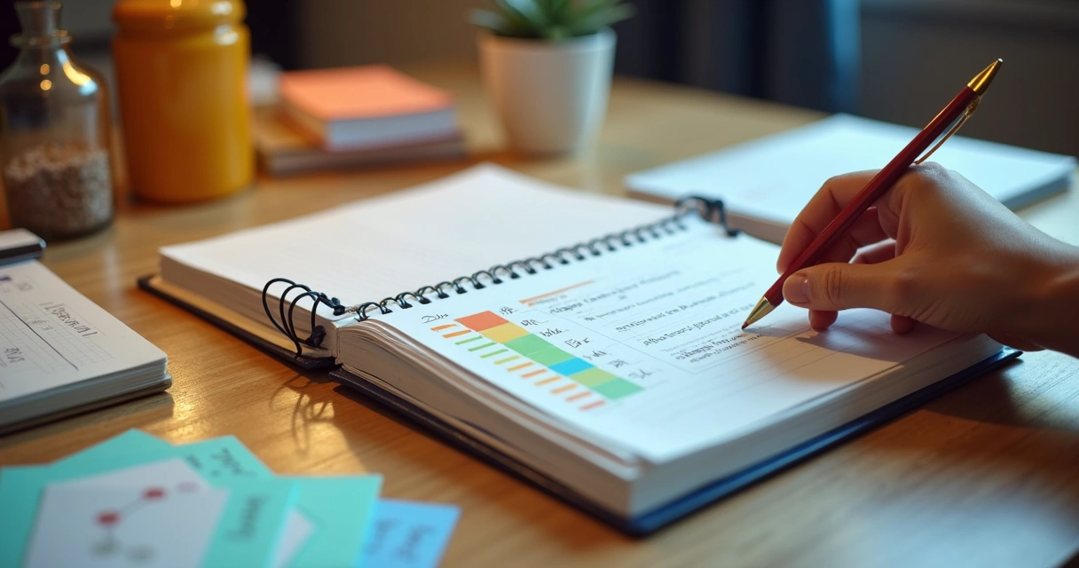 Caderno dividido em blocos temáticos com etiquetas e fichas diversas