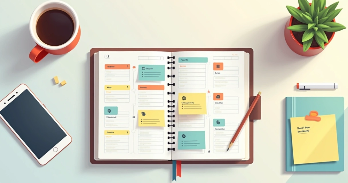 Agenda com blocos coloridos organizando tarefas do dia 