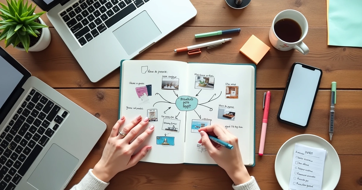 Mulher cria planejamento de blog de afiliados em caderno rodeado por cartões de produtos digitais 
