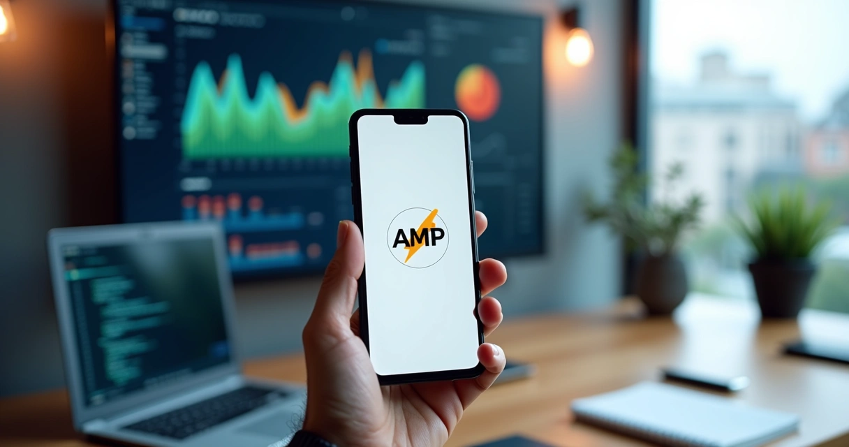 Tela de celular exibindo página AMP rápida com gráfico de crescimento de performance ao fundo 