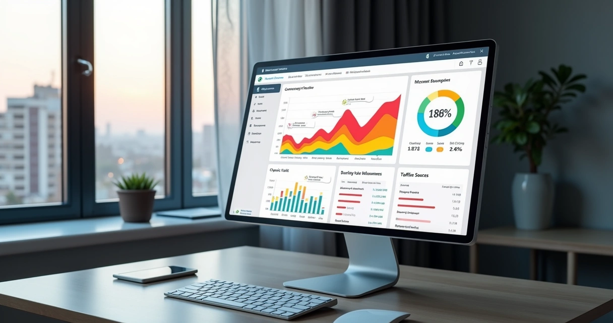 Painel de blog com gráficos exibindo crescimento de tráfego e desempenho em SEO 