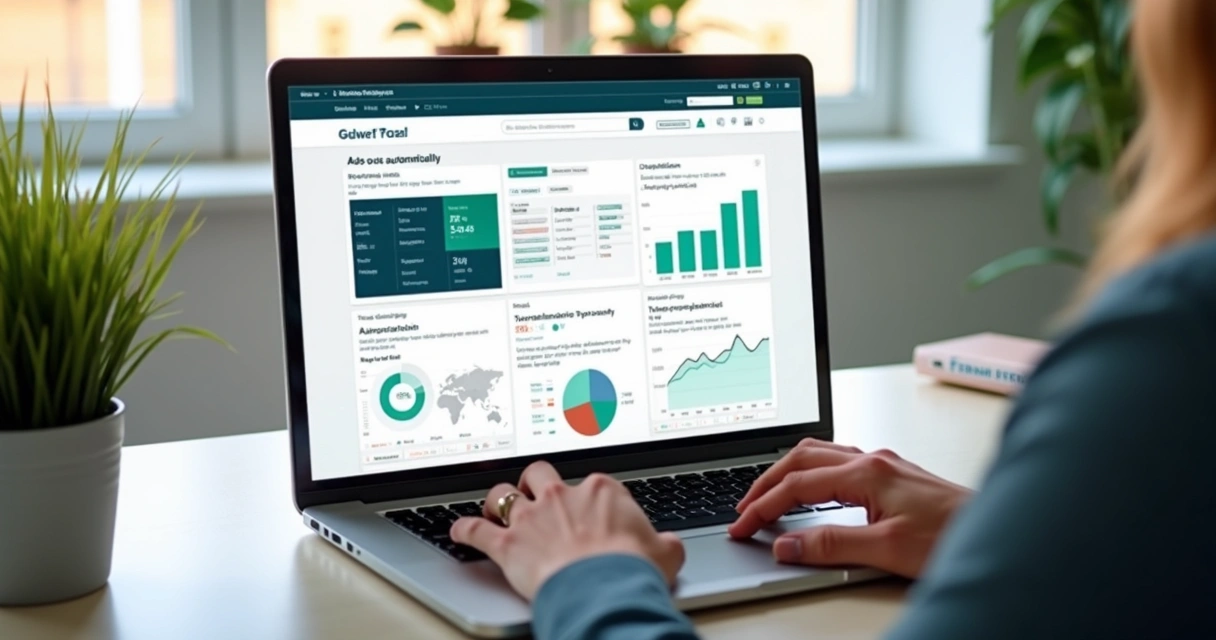 Tela de painel digital com gráficos e blog post criado automaticamente 