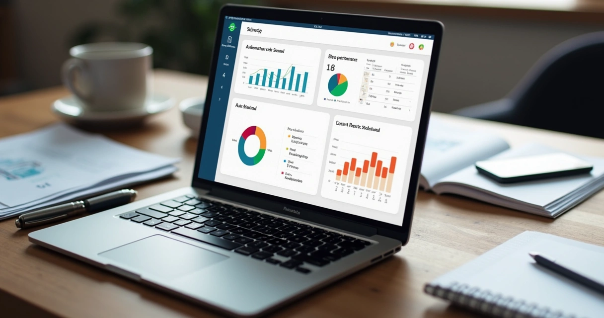 Laptop exibindo dashboard de blog automático, com gráficos coloridos e relatórios de desempenho. 