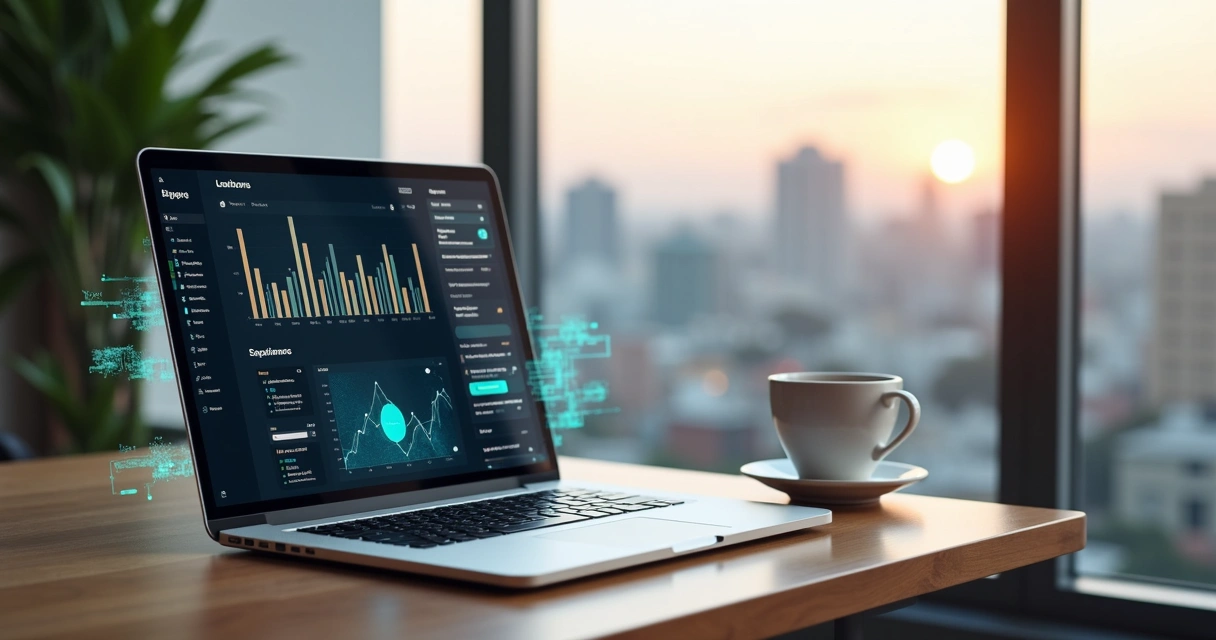 Ilustração de blog automático sendo criado em notebook na mesa 