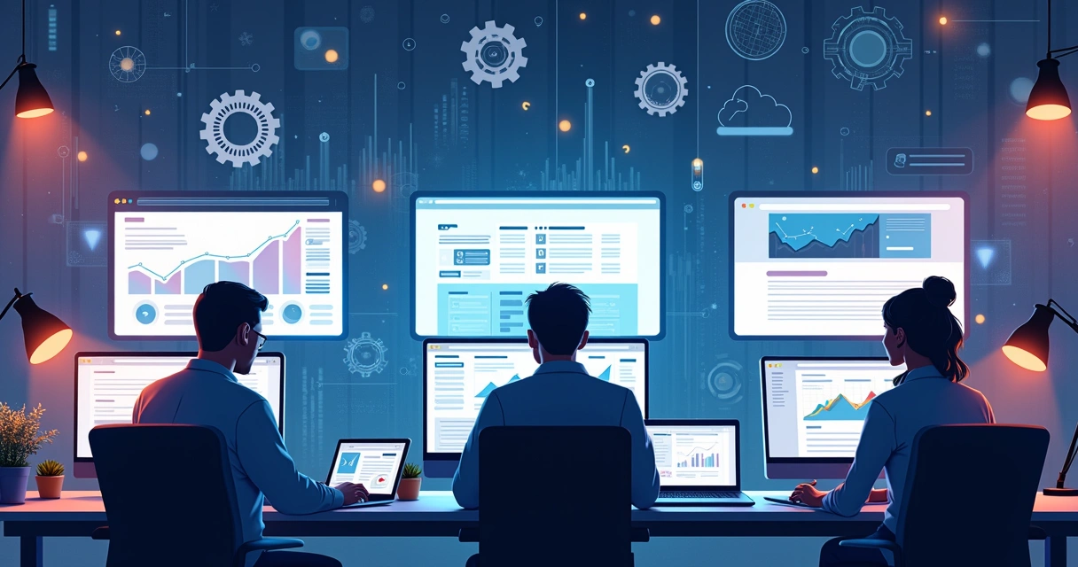 Ilustração de pessoas usando um blog automático em computadores 