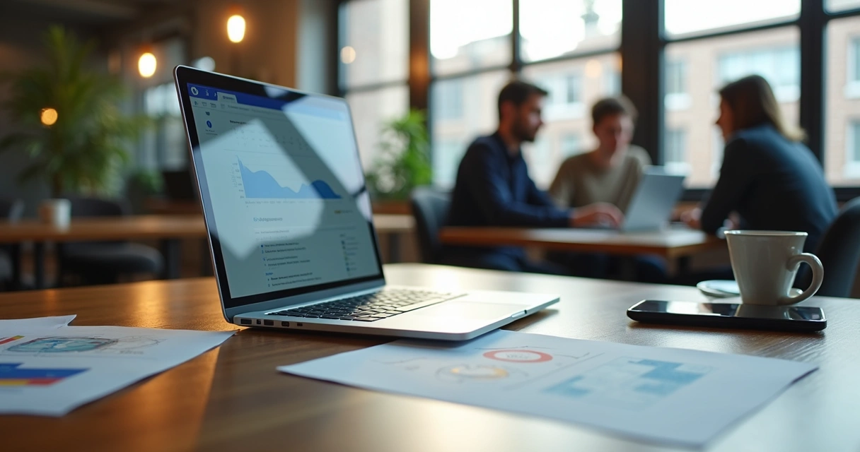 Blog automático aberto em tela de notebook em mesa de coworking em Brasília 