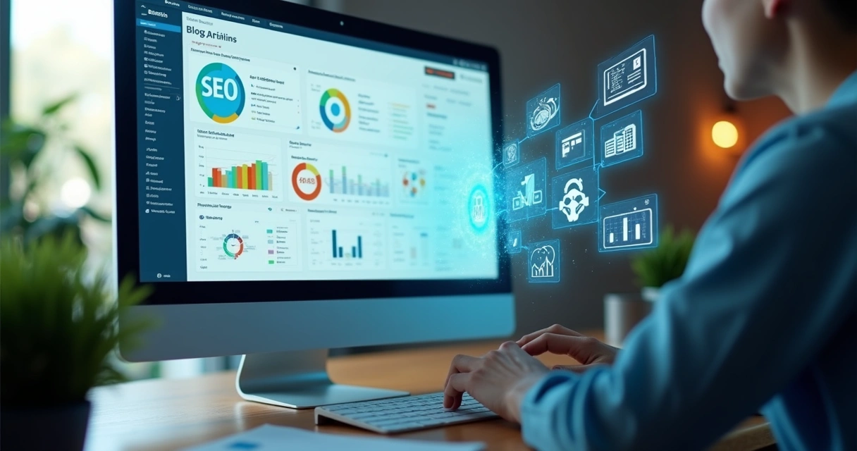 Painel de administração de blog automático com gráficos e textos em tela 