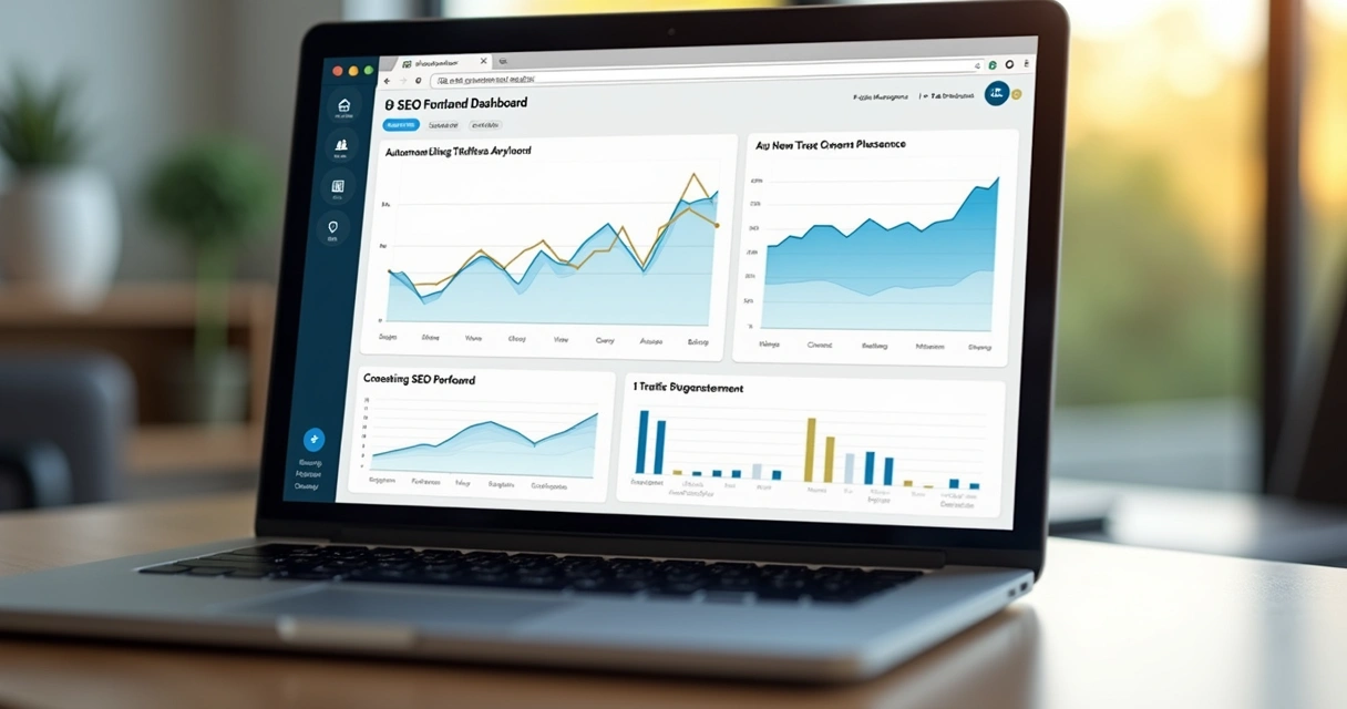 Blog automático exibido em um notebook com gráficos de crescimento 