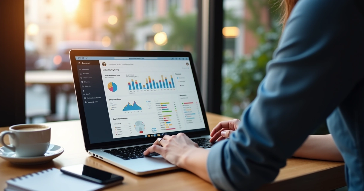 Blog empresarial automatizado exibido em notebook em mesa de café em Toledo 