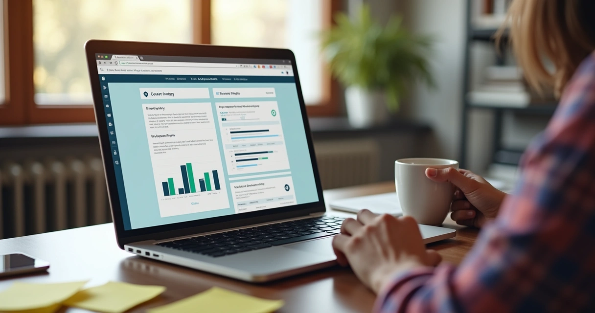 Interface de ferramenta com blog automático e gráficos de desempenho em tela de notebook 