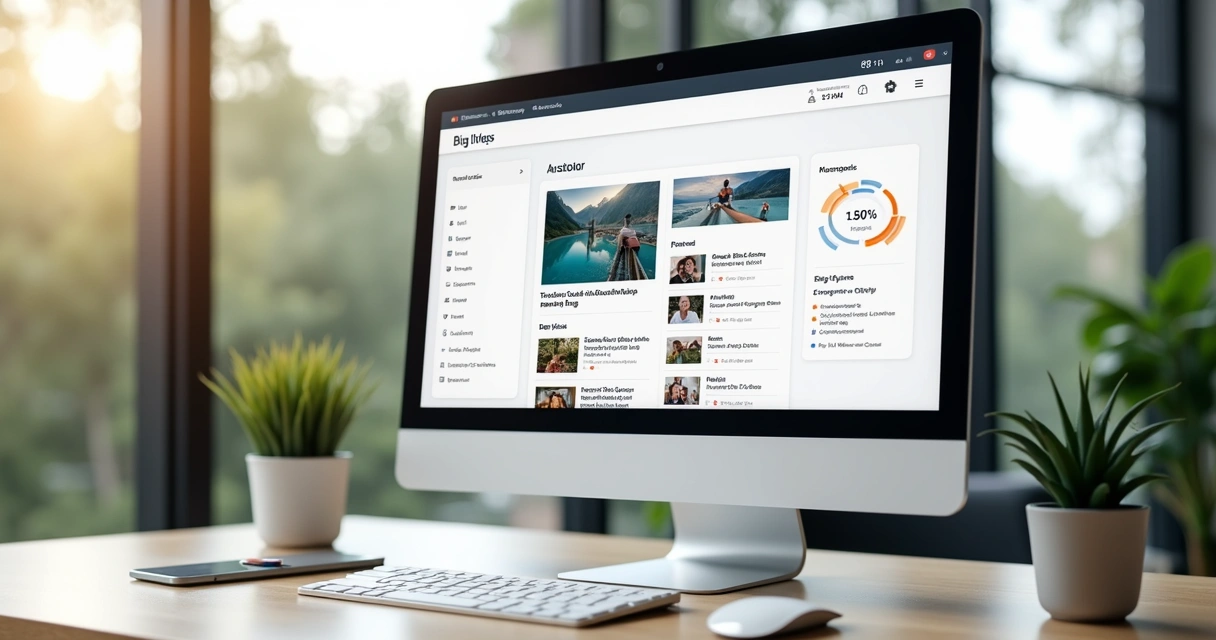 Tela de um computador mostrando um blog automático criado instantaneamente, ambiente claro e moderno. 