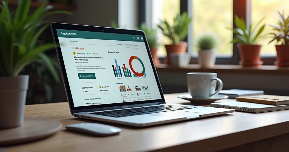 Tela de computador mostrando um blog automático sendo criado, com gráficos de SEO e textos aparecendo rapidamente 