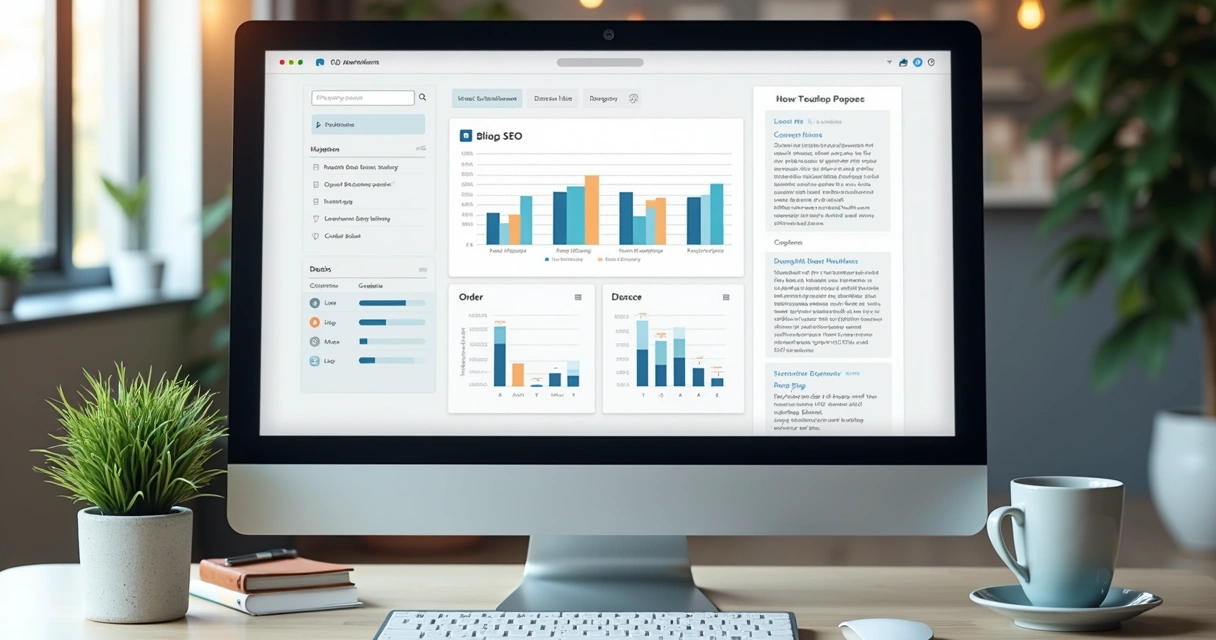 Interface de ferramenta de blog automático com gráficos e textos otimizados. 