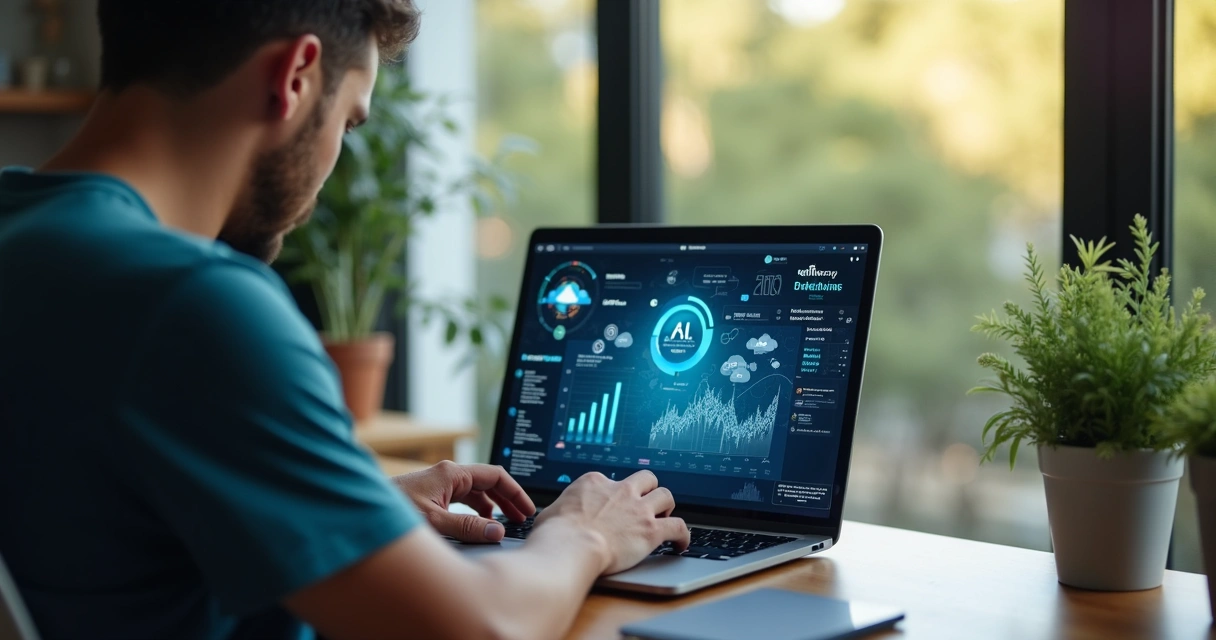 Blog automatizado por inteligência artificial sendo configurado em laptop 