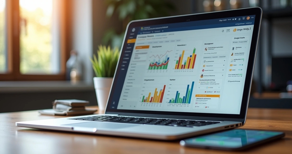 Computador exibindo blog automatizado por IA, com gráficos de SEO na tela 