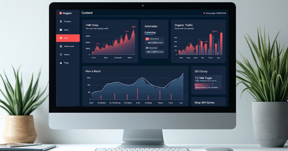 Dashboard de blog automático por IA mostrando gráficos e artigos 