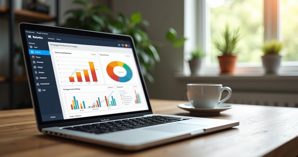 Blog exibido em notebook com gráficos de crescimento ao fundo 