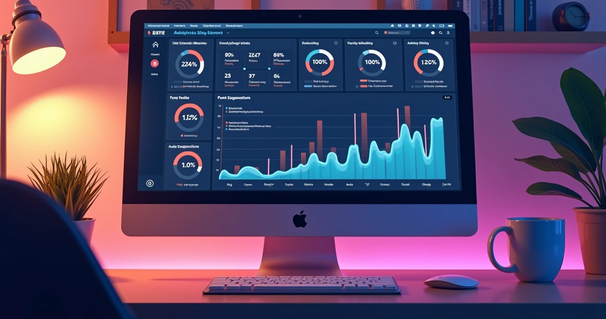 Painel de controle virtual mostrando blog criado automaticamente, gráficos de SEO e relatórios de desempenho 