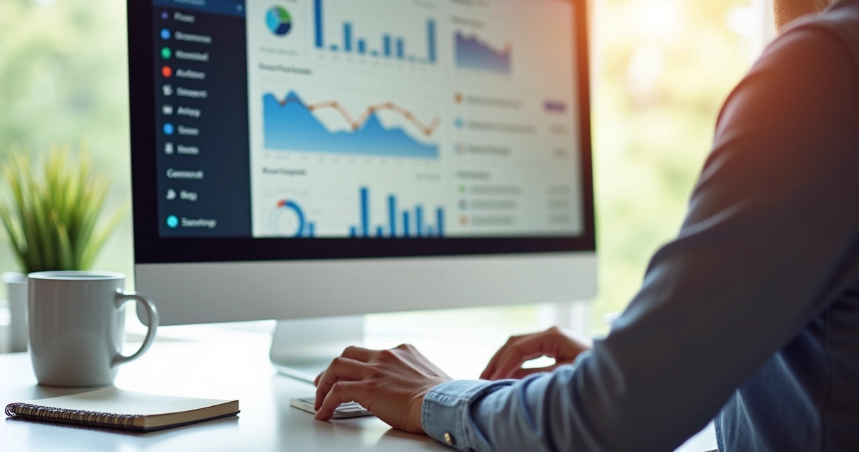 Tela de computador exibindo painel de blog automático com gráficos de desempenho. 