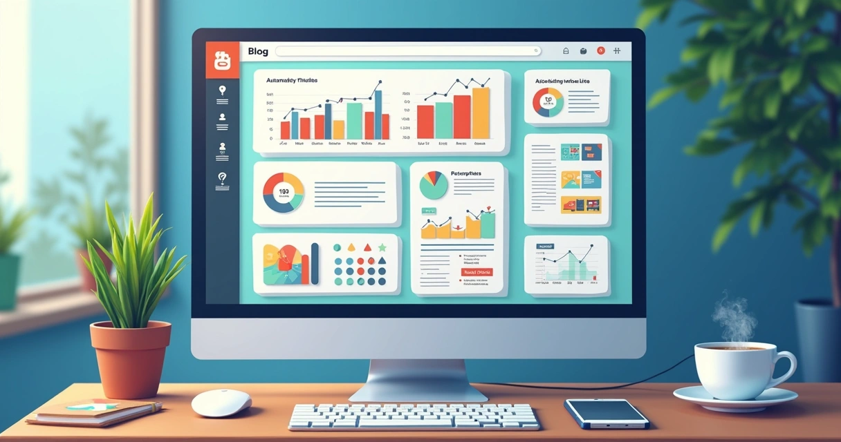 Tela de computador com dashboard de blog automático e gráficos de acessos 
