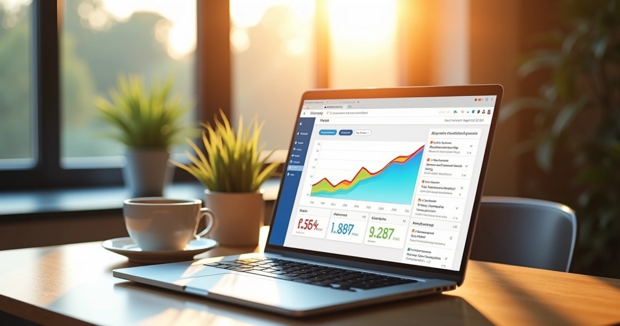 Tela de notebook mostrando plataforma de blog automático com gráficos de desempenho 