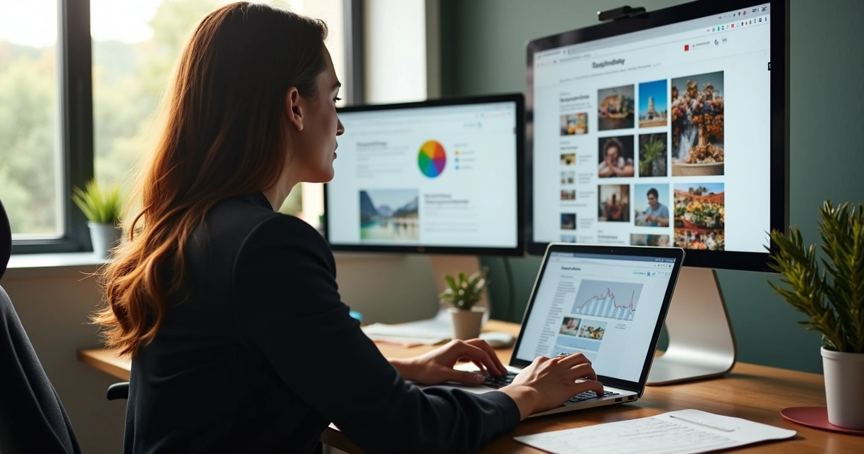 Blog automático acessado por empresário em notebook 