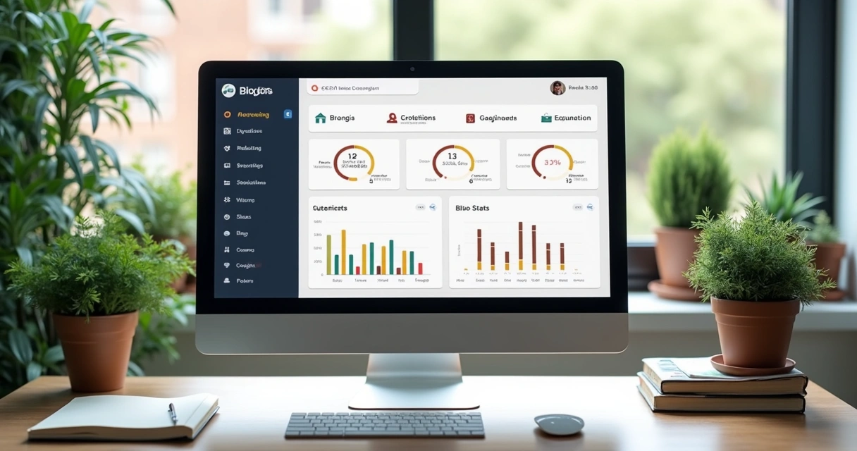 Tela de computador mostrando painel de blog automatizado com gráficos de desempenho 