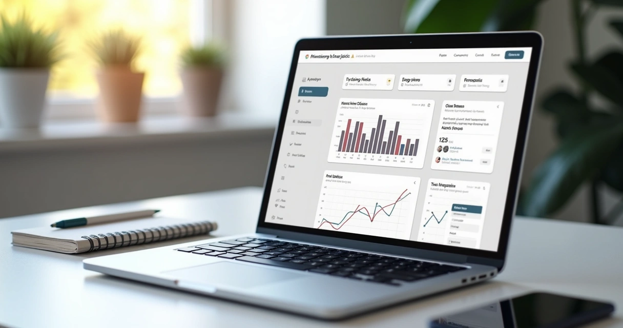 Notebook mostrando painel de blog automático com gráficos e textos 