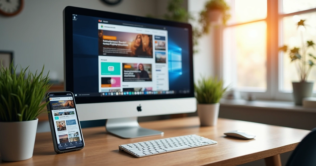 Visual de blog automático exibido em computador e celular lado a lado 