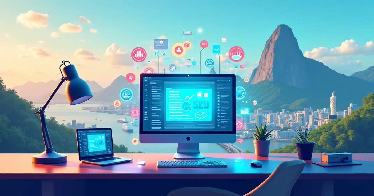 Representação de um blog automático sendo criado no Rio de Janeiro, com ícones digitais sobre um fundo da cidade 