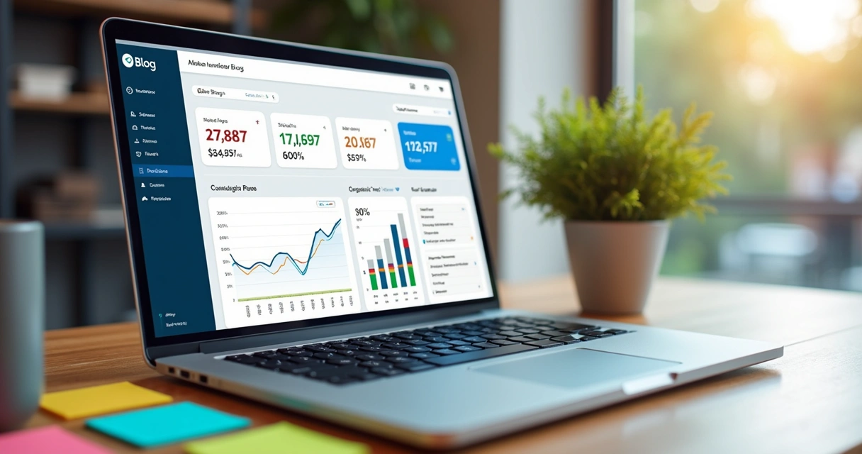 Tela de notebook mostrando blog automático com gráficos de crescimento orgânico 
