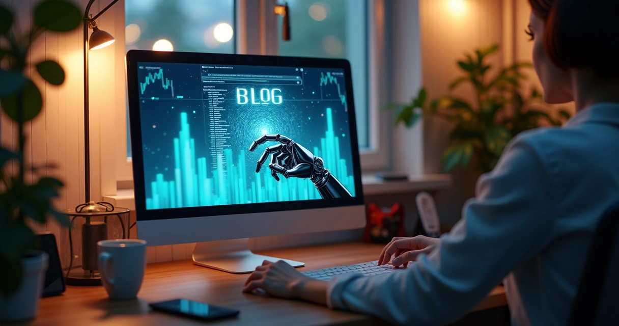 Representação visual de blog automático com robô gerando conteúdo em desktop 