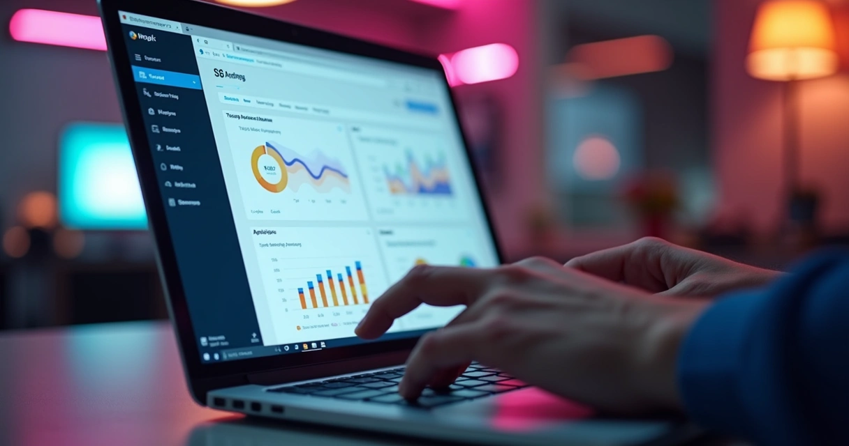 Tela de notebook exibindo painel de blog automático, com gráficos e textos prontos 