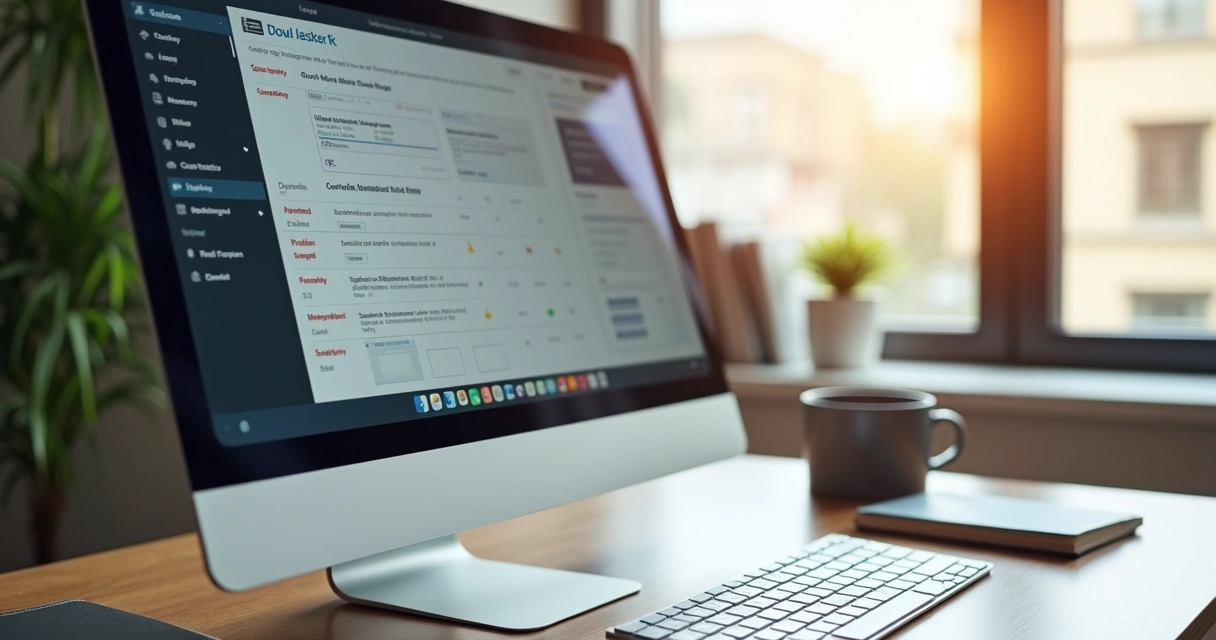 Computador em mesa de escritório mostrando painel de blog automático sendo configurado 