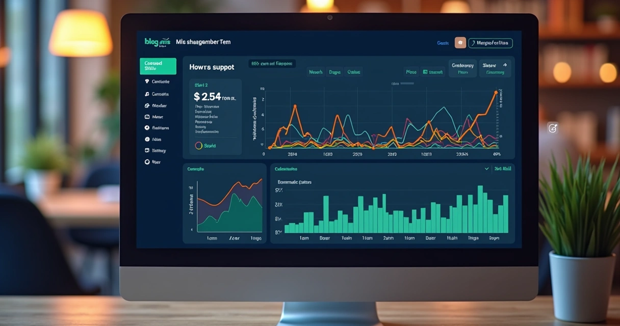 Painel virtual do Automarticles exibindo gráficos de SEO e opções para gerenciamento de blog 