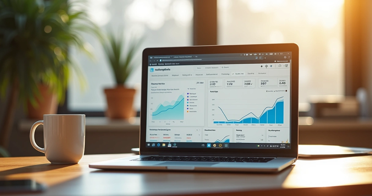 Painel de criação automática de blog da Automarticles aberto em notebook sobre mesa de escritório 