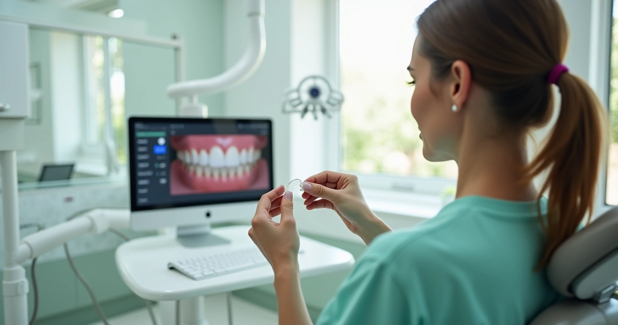 Pessoa segurando aparelho ortodôntico invisível em consultório dental