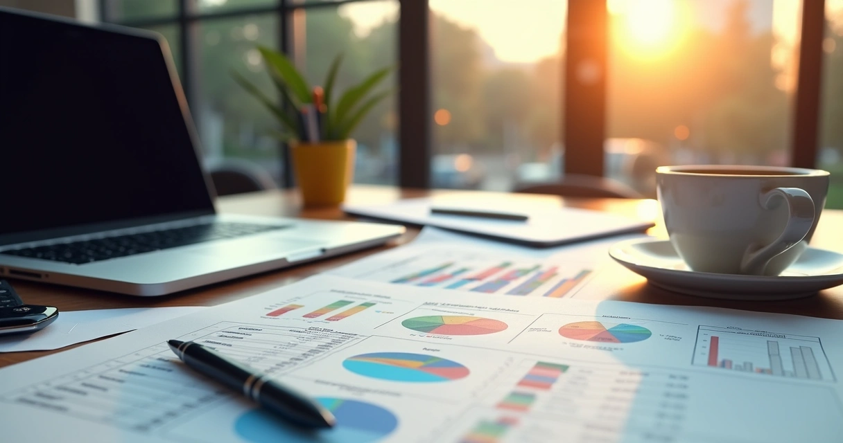 Mesa de escritório com notebook, papéis e gráficos contábeis 