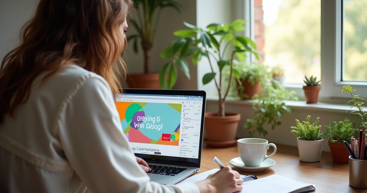 Mulher mexendo para criar um blog no computador em casa 