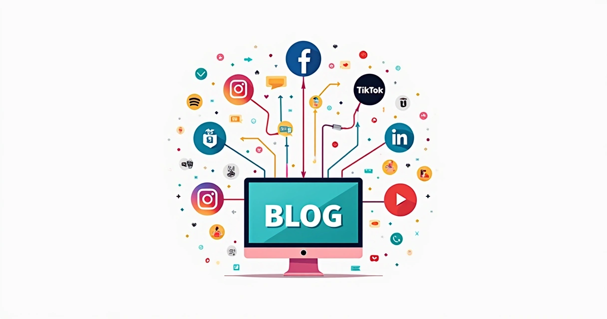 Blog e redes sociais integrados em tela de computador e smartphone 