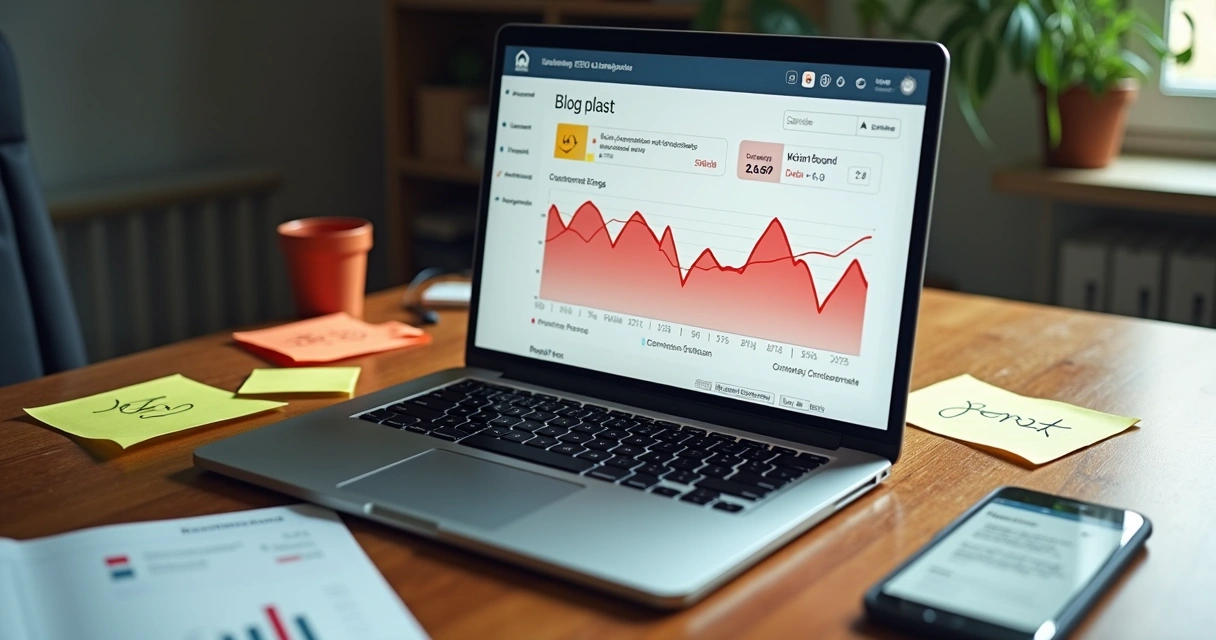 Tela de blog com gráficos de queda e avisos de erro de SEO em destaque 