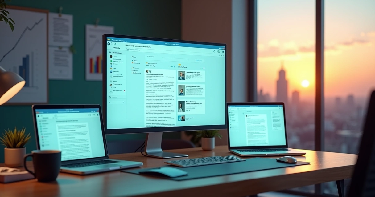 Tela de blog moderno em 2026 com gráficos de crescimento e múltiplos dispositivos ao redor 