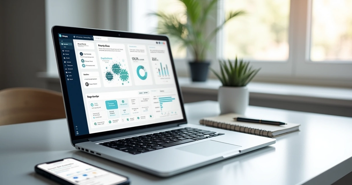 Painel de automação de blog por IA em laptop com gráficos de desempenho 