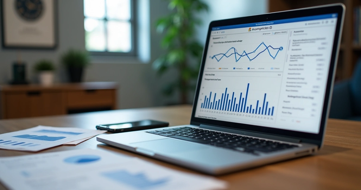 Computador exibindo blog sobre Linhares automaticamente atualizado, com gráficos de visitas em crescimento na tela