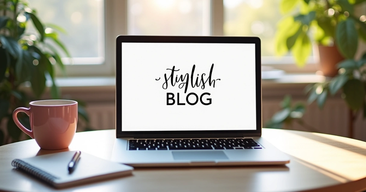 Notebook aberto com página de blog exibida e xícara rosa ao lado