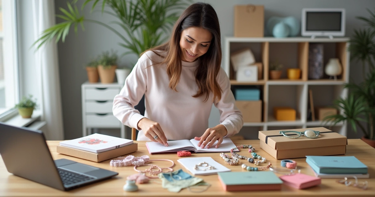 Mulher organizando produtos de loja virtual sobre mesa larga com computador e embalagens