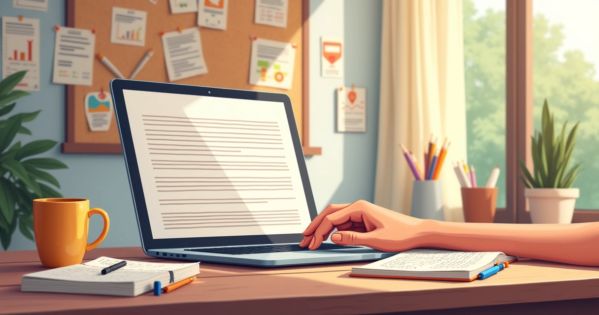 Profissional escrevendo artigo de marketing de conteúdo em notebook numa mesa com café 