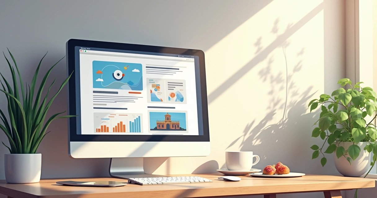 Tela de blog de marketing digital sendo construída por IA com gráficos de performance 