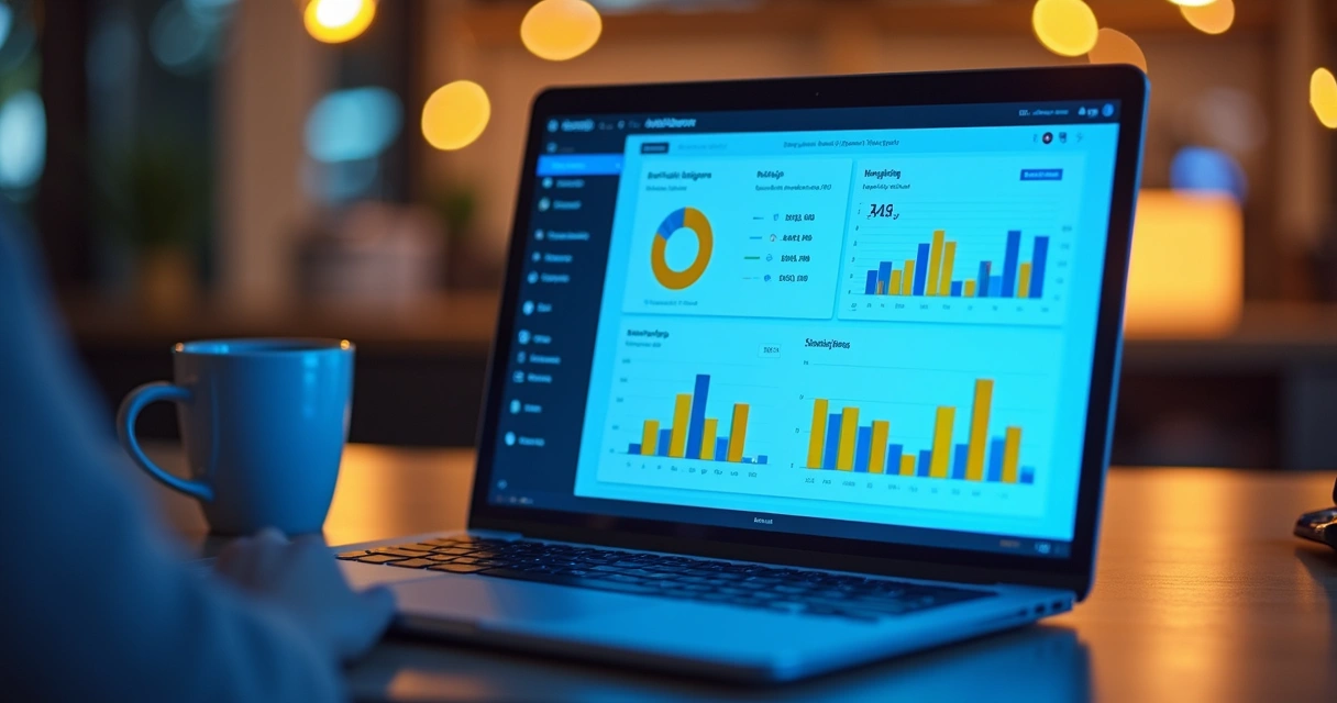 Computador exibindo painel de blog automático e relatórios de marketing digital 