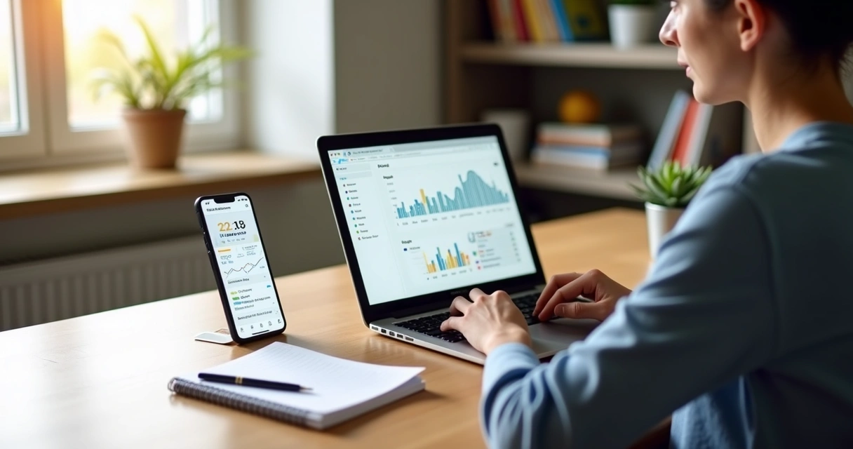 Pessoa usando notebook com painel do Adsense e gráficos de ganhos em um blog 